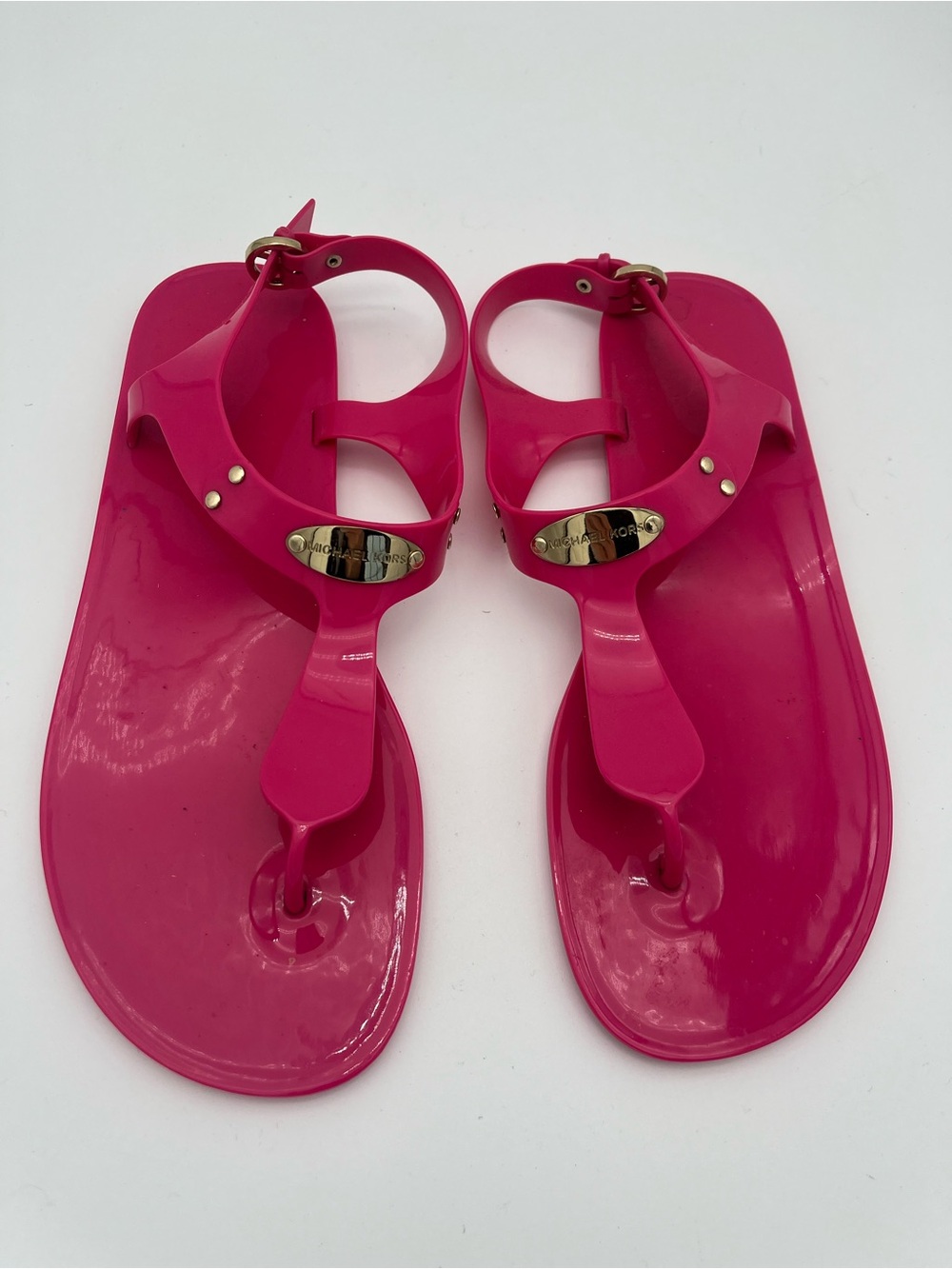 Michael Kors Hot Pink Jelly Thong Sandals with Gold Logo Sz 10